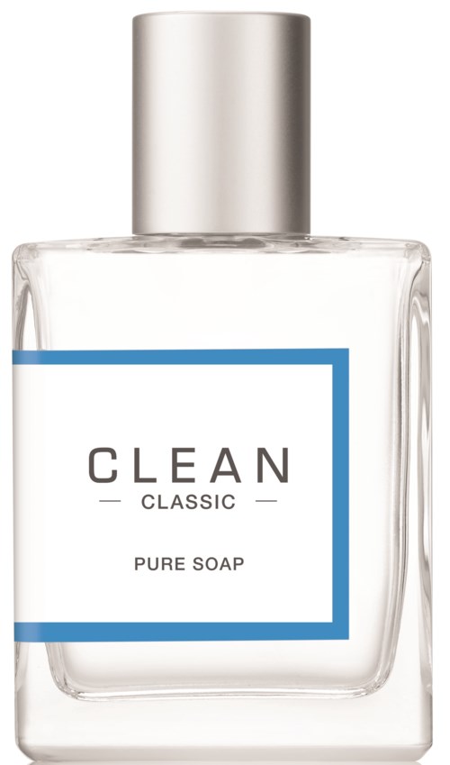 En tydlig flaska med silverlock märkt "CLEAN CLASSIC PURE SOAP."