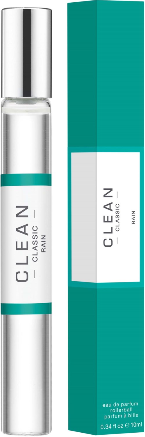 Ein Parfümflasche mit weißem und türkisem Design und einer passenden türkisen Schachtel. Das Etikett sagt "CLEAN CLASSIC".