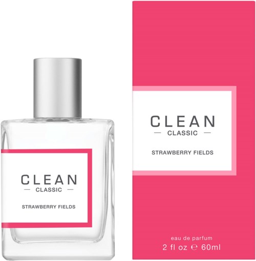 Een parfumfles en doos voor Clean Classic Strawberry Fields, met roze en witte kleuren en eenvoudige labeling.