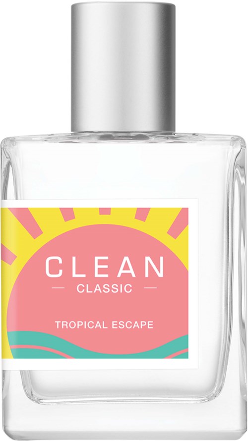 Een heldere glazen fles met een zilveren dop, gelabeld "CLEAN CLASSIC TROPICAL ESCAPE," met felle kleuren en een zonnig ontwerp.