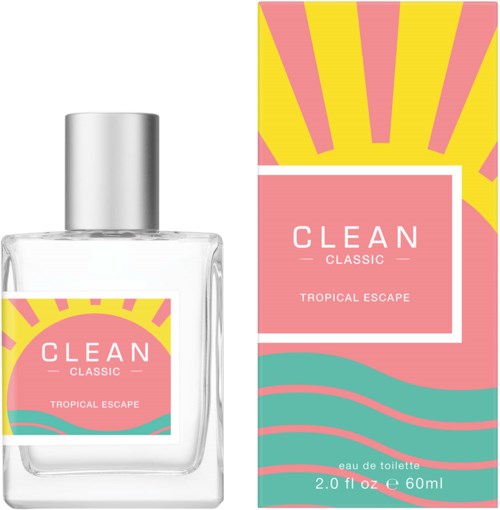 Een parfumfles en een felle, kleurrijke doos met roze, geel en blauwe golven. Het parfum heet 'CLEAN' en 'TROPICAL ESCAPE.'