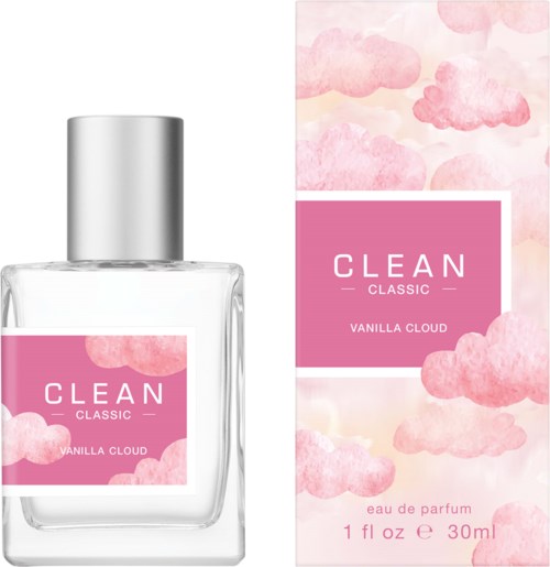 Een parfumfles en doos met roze wolken en label met "Clean Classic Vanilla Cloud."