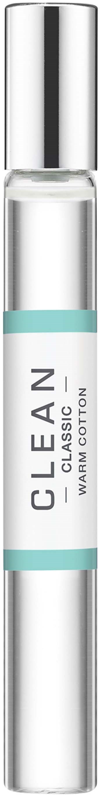 A small clear bottle with a silver cap and a blue and white label reading 'CLEAN'.