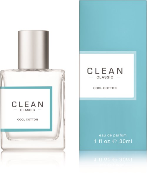 Een parfumfles en doos met 'CLEAN CLASSIC COOL COTTON', in blauw en wit.