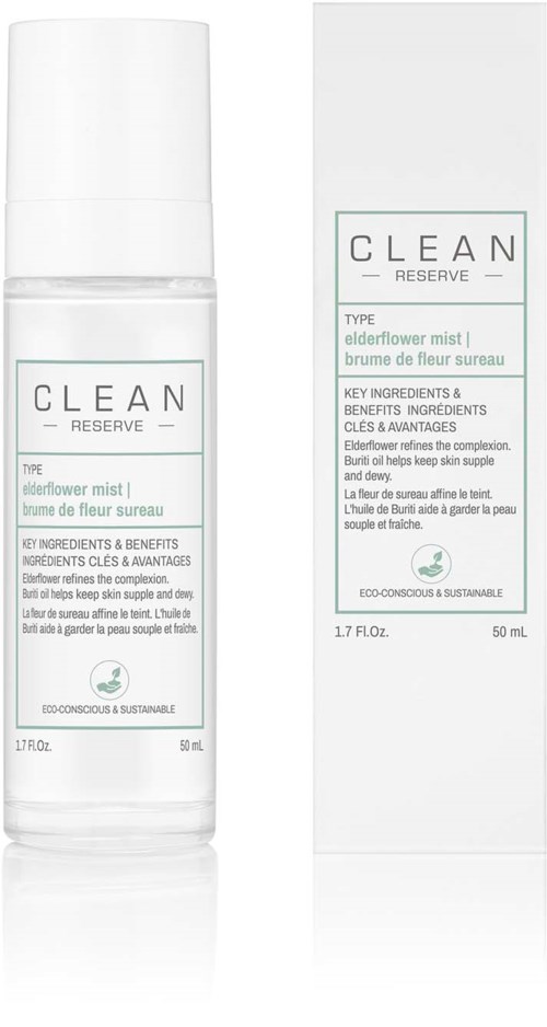 Doorzichtbare sprayfles en doos voor elderflower mist, gemarkeerd 'CLEAN RESERVE,' 50 ml, milieuvriendelijk.