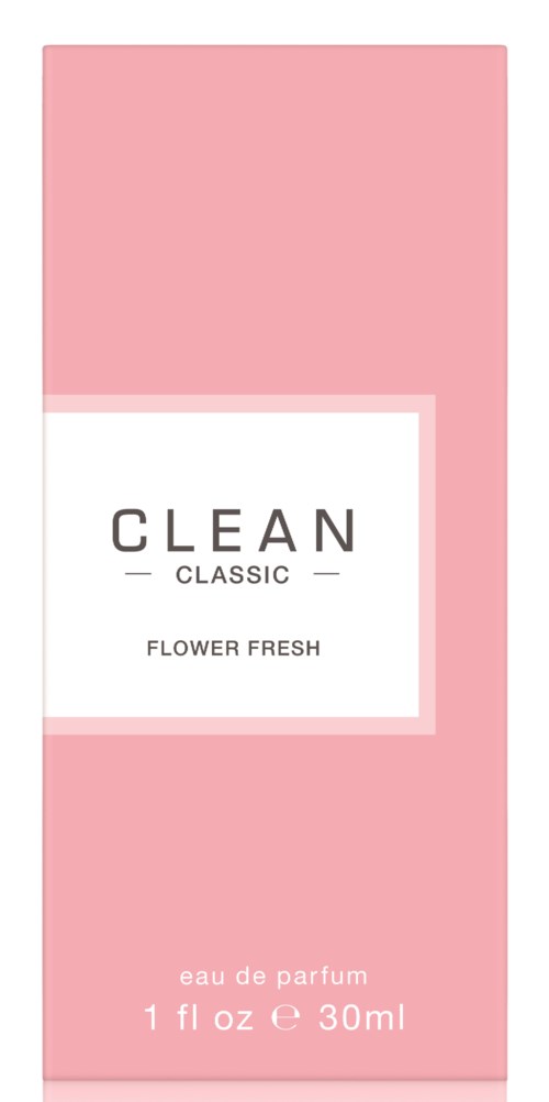 Roze parfumdoos met 'CLEAN CLASSIC FLOWER FRESH', 30ml, eenvoudig ontwerp met wit label en zwarte tekst.