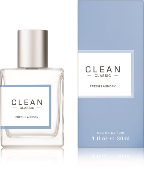 Een parfumfles en doos met de tekst "CLEAN CLASSIC FRESH LAUNDRY" in blauw en wit.