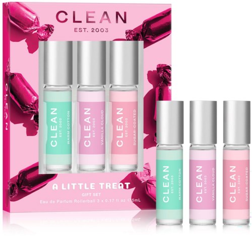 Set of three pink and mint rollerball perfumes in clear bottles with silver caps, inside pink packaging with product details.
