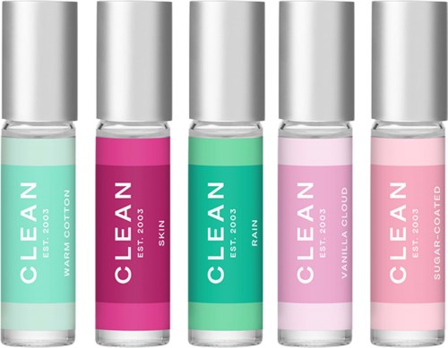 Five lip gloss tubes in different shades, each labeled with the flavor and brand name, arranged in a row.