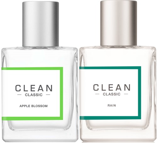 Two clear bottles with silver caps, labeled 'Clean Classic' with scents 'Apple Blossom' and 'Rain'.