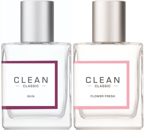 Twee duidelijke flessen met zilveren doppen, gelabeld als huid en bloem fris, onderdeel van een cosmeticalijn.