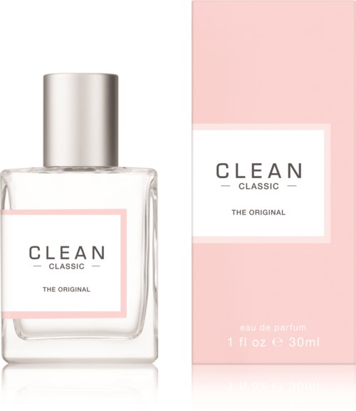 Een parfumfles en doos met een schoon roze en wit ontwerp, gelabeld 'CLEAN CLASSIC' en 'Eau de Parfum'.