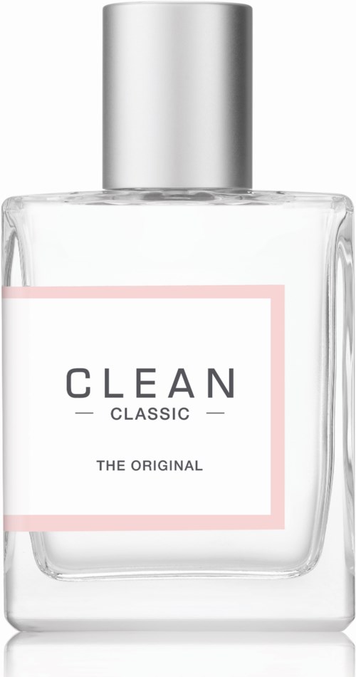 En klar parfymflaska i glas med silverlock, märkt "CLEAN CLASSIC THE ORIGINAL."