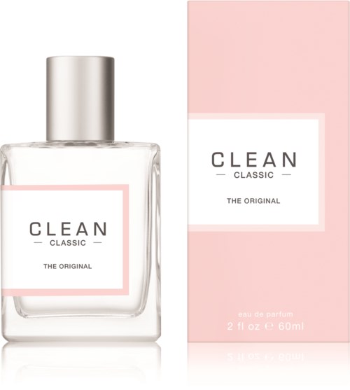 En parfyllåda och förpackning med etiketten "CLEAN CLASSIC THE ORIGINAL" i rosa och vitt bakgrund.