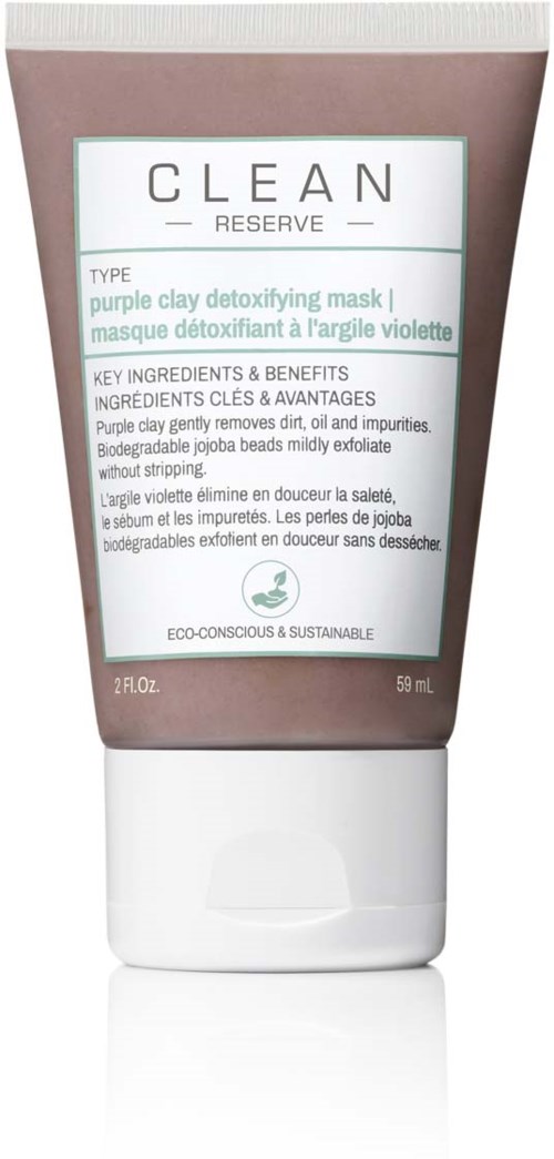 Een tube paarse kleimasker voor detox met groene tekst op een witte achtergrond, met productdetails en ingrediënten.