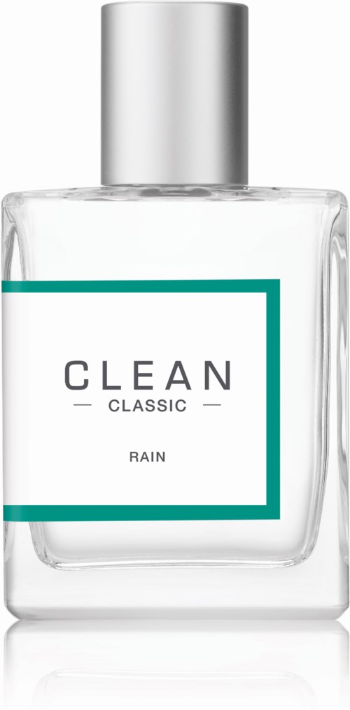 Eine klare Glasflasche mit silberner Kappe, beschriftet 'CLEAN CLASSIC RAIN'.
