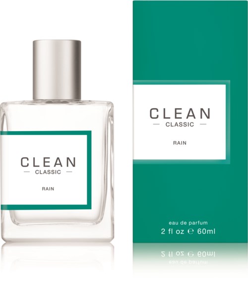 Ein Parfümflasche und eine Packung mit der Aufschrift 'CLEAN CLASSIC RAIN' in teal und Weiß.