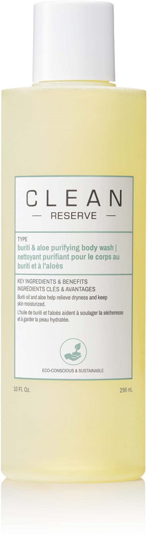 Een lange witte fles met lichtgele vloeistof, labelt 'CLEAN RESERVE' voor body wash.