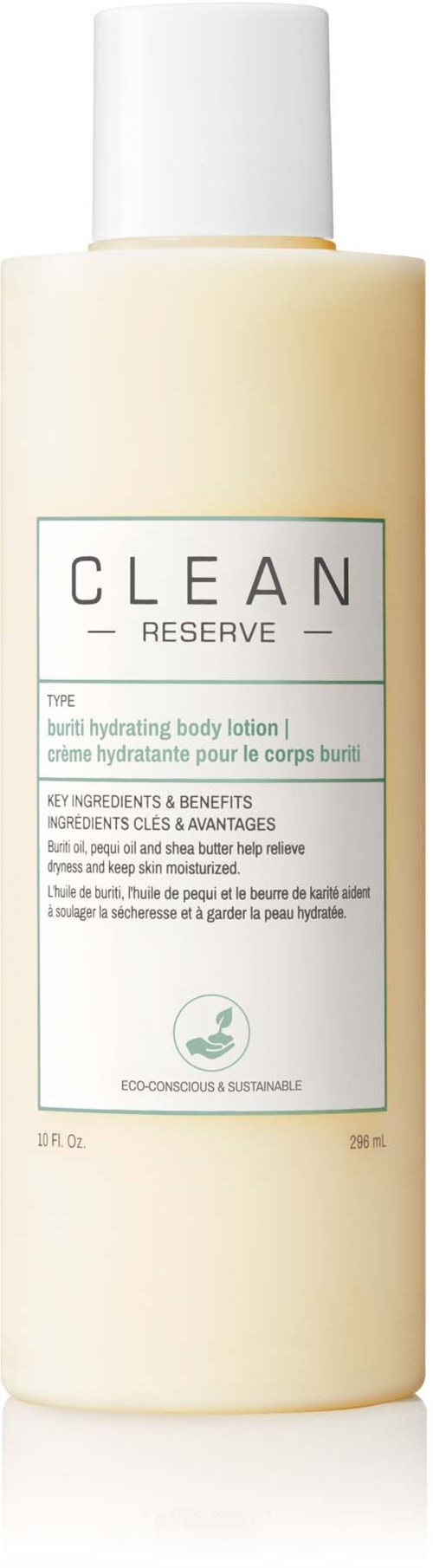 Een lange witte fles met etiket, bevat bodylotion genaamd CLEAN RESERVE, voor huidhydratatie.