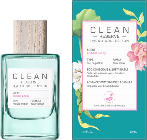 Ein Parfümflasche und eine Dose mit Blumenmuster, genannt 'Clean Reserve H2O Eau Collection,' duftet nach 'brilliant peony,' umweltfreundlich.