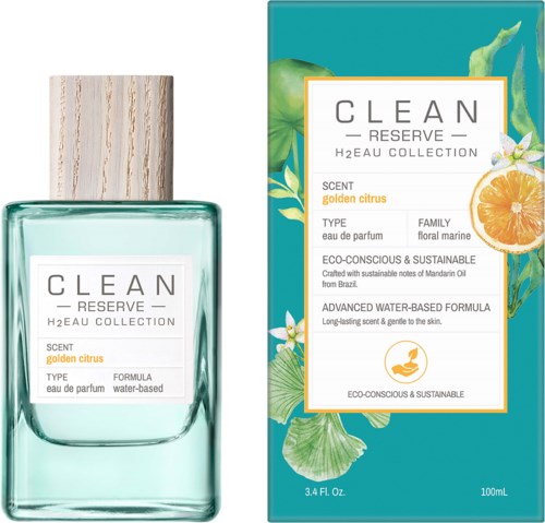 Een parfumfles met bloemenverpakking, gemarkeerd 'Clean Reserve,' citrusgeur, waterbasis, milieuvriendelijk en duurzaam.