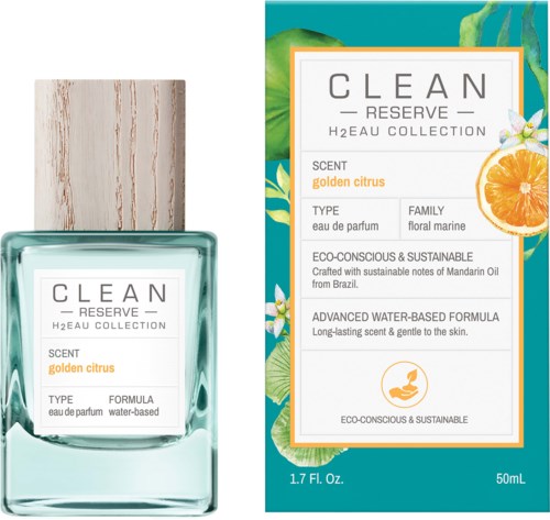 Een parfumfles en doos gemerkt 'CLEAN RESERVE' met geur 'gouden citrus' en milieuvriendelijke details.