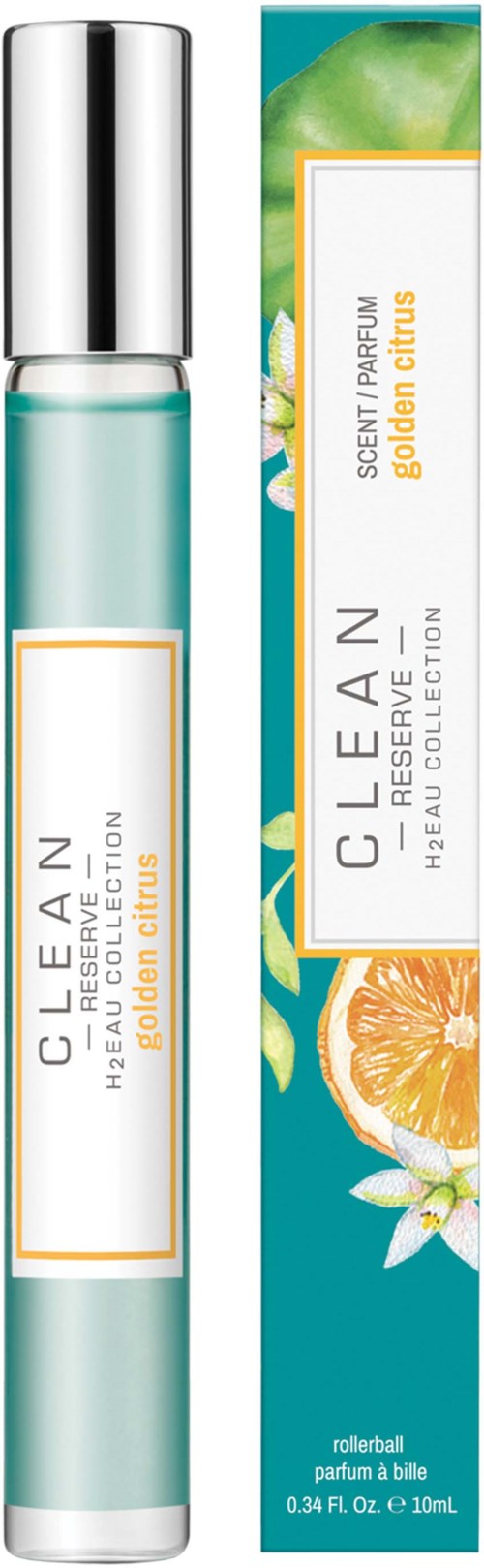 Ein Parfümroller mit blauer Flüssigkeit, etiketti 'Clean,' mit Zitrusduft, neben seiner Schachtel mit Orange- und Grüngelillustrationen.