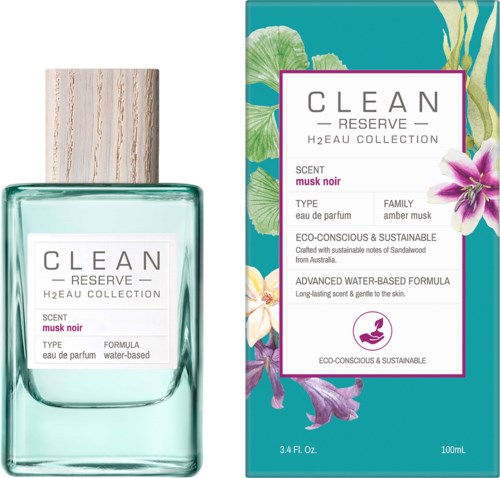 Een parfumfles met een bloemen- en groene ontwerpverpakking, gelabeld 'CLEAN RESERVE H2OAU COLLECTION' met geur 'musk noir'.