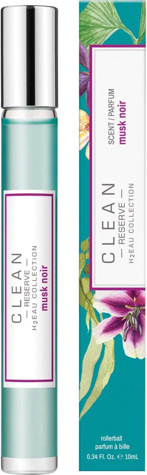 Kleiner Parfüm-Rollerball mit türkiser Flüssigkeit, silberner Kappe, und blumigem Karton mit Musk Noir Duft.