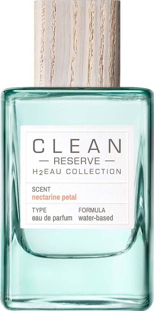 Parfümflasche mit Holzverschluss, etikett 'CLEAN RESERVE,' Nektarinenblüte-Duft, wasserbasiert.