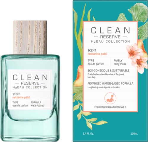 Ein Parfümflasche und eine Box mit Blumen- und grünen Blättern-Design, gekennzeichnet mit 'Clean Reserve H2o Collection, nectarine petal scent.'