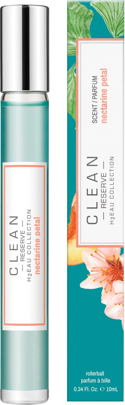 Een parfumroller fles naast een kleurrijke doos met bloem- en bladontwerp. De geur is Nectarine Pearl.