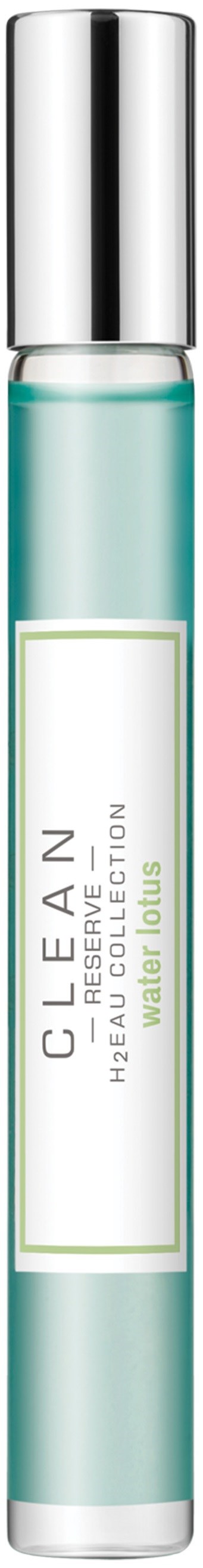 Eine kleine, klare Sprühflasche mit silberner Kappe, beschriftet mit 'CLEAN' in der Mitte, und gefüllt mit blauer Flüssigkeit.