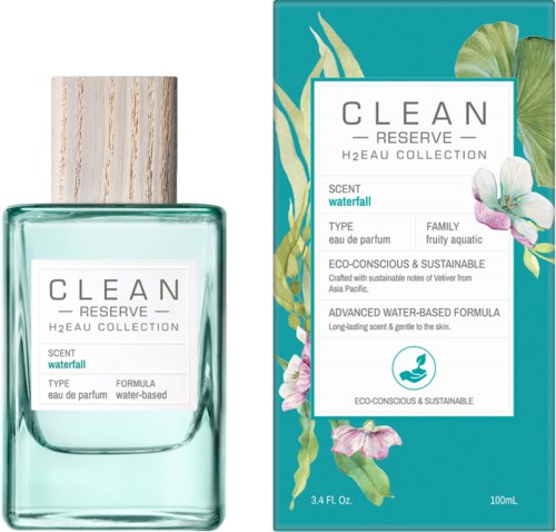 Een parfumfles en doos met bloem en water thema, gelabeld 'Clean Reserve Waterfall'.