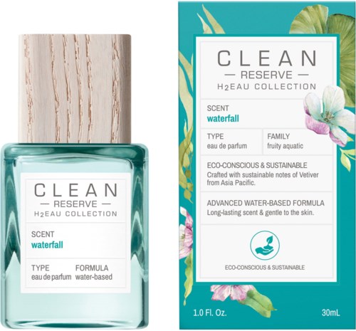 Een parfumfles en doos met de geur 'waterfall', milieuvriendelijk, met bloemen en groene ontwerpelementen.