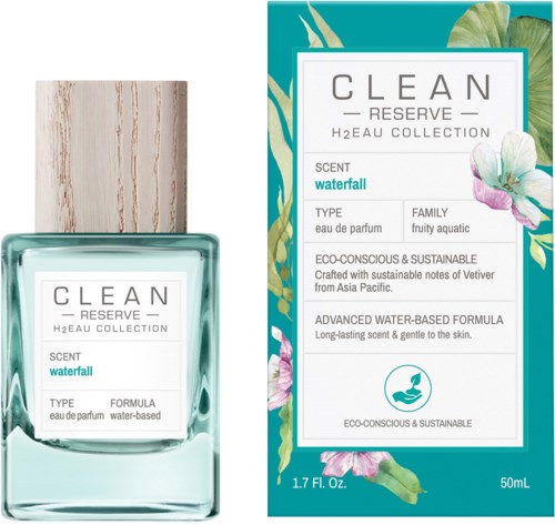 A perfume bottle and box with floral and water themes, featuring blue, green, and pink colors, and texts about scent and ingredients.