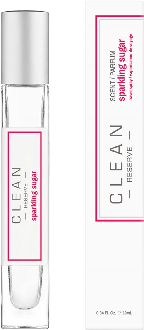 Eine kleine Parfümflasche mit silberner Kappe, etiketti 'CLEAN RESERVE sparkling sugar.'