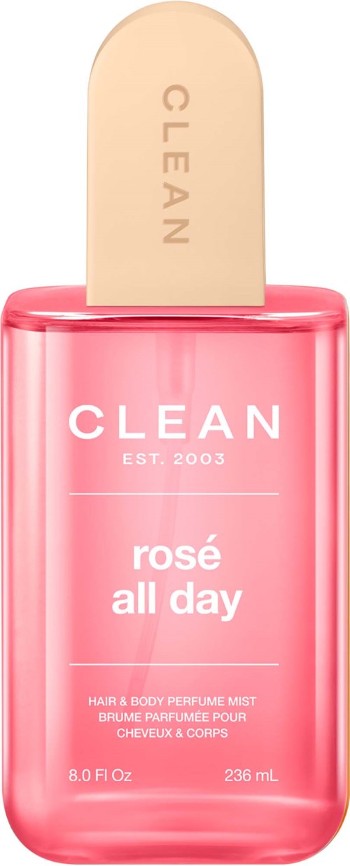 Vaaleanpunainen suihkepullo, jossa lukee Clean Rosé All Day, beige korkki, tarkoitettu hiuksille ja vartalolle.