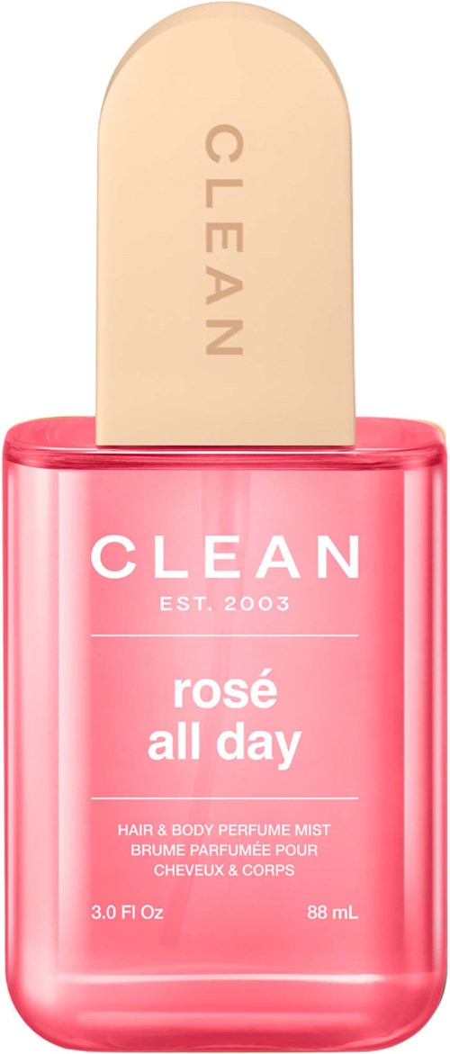 Ruusukupulatyyppi hiusten ja kehon hajuvesi suihke, merkitty Clean Rosé All Day, ja beige suutin.