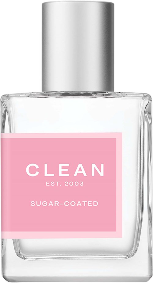 A clear glass bottle with a silver cap, pink label showing 'CLEAN EST.2003 SUGAR-COATED'.
