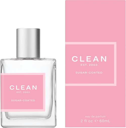 A perfume bottle and box with pink labels, stating 'CLEAN' and details about the scent and size.