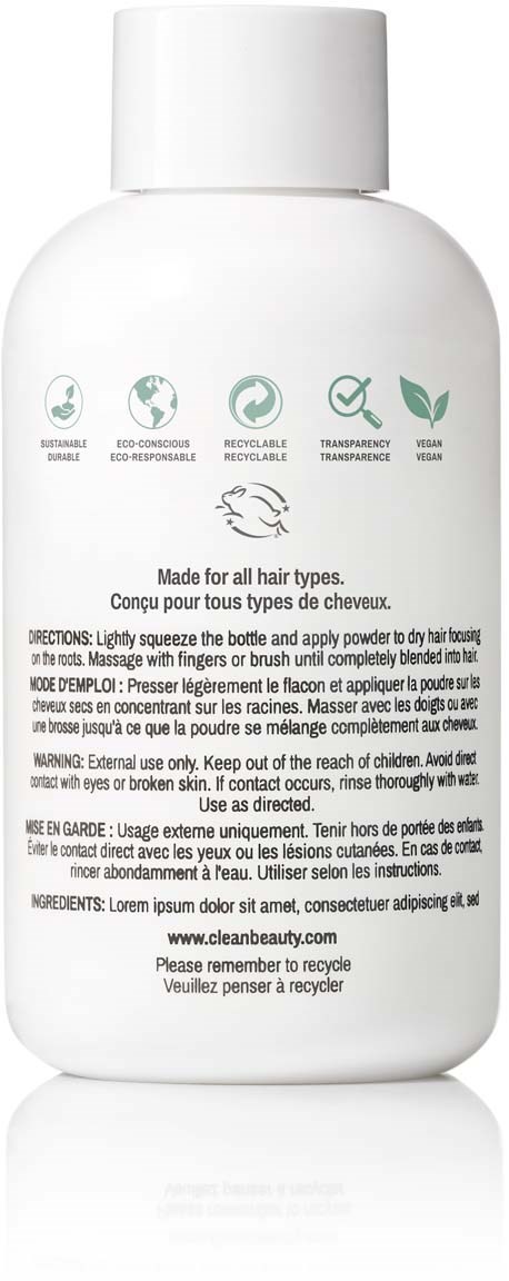 Een witte fles met symbolen die milieuvriendelijkheid, recycleerbaarheid en transparantie aangeven, met tekst over ingrediënten en gebruik.