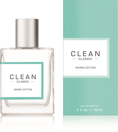 Een parfumfles en doos met 'CLEAN Classic' en 'Warm Cotton' geur, 2 fl oz / 60 ml.