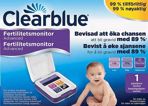 Clearblue Fruchtbarkeitsmonitor mit lachendem Baby und Text über erhöhte Schwangerschaftschancen und Zuverlässigkeit.
