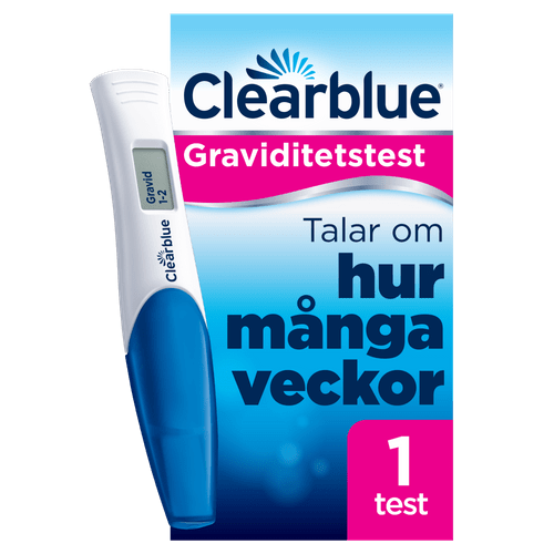 Schwangerschaftstest und Verpackung mit Text zu Schwangerschaftswoche, blau und pink.