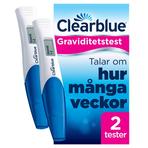 Eine Packung mit zwei Schwangerschaftstests von Clearblue, mit den Aufschriften "Graviditetstest" und "Talar om hur många veckor".
