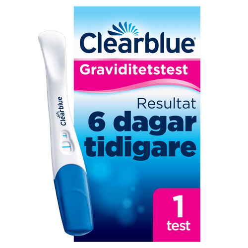 Schwangerschaftstest mit positivem Ergebnis, blau-weißes Design und Text '6 Tage früher'.
