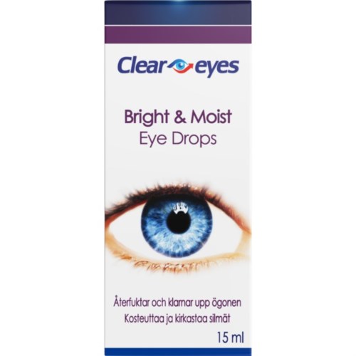 Box med Clear Eyes Bright & Moist Eye Drops, ögonillustration och produktinformation på olika språk.