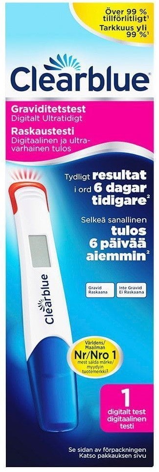 Die Verpackung eines Clearblue Schwangerschaftstests, zeigt Ergebnisse innerhalb von 6 Tagen, enthält einen digitalen Test.