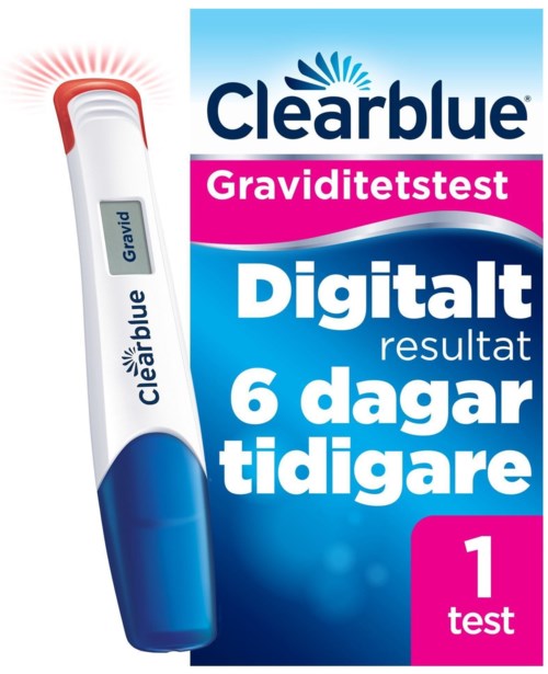 Schwangerschaftstest mit digitaler Anzeige, die Ergebnis zeigt, und Verpackung hebt hervor, dass es sechs Tage früher funktioniert.